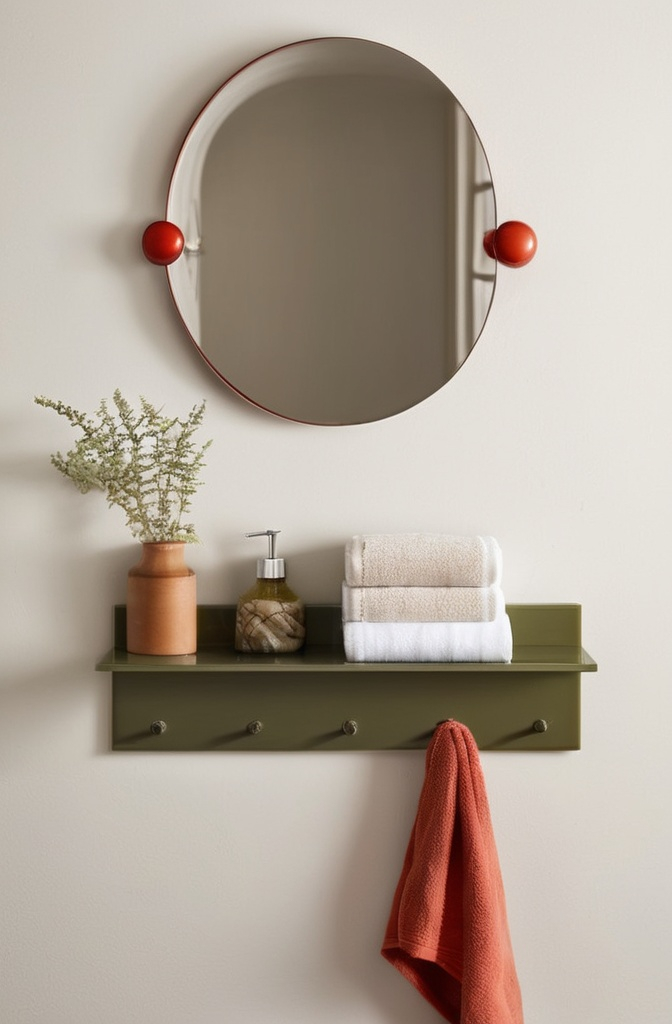 18. Ceramic Shelf with Built-In Hooks for Towels