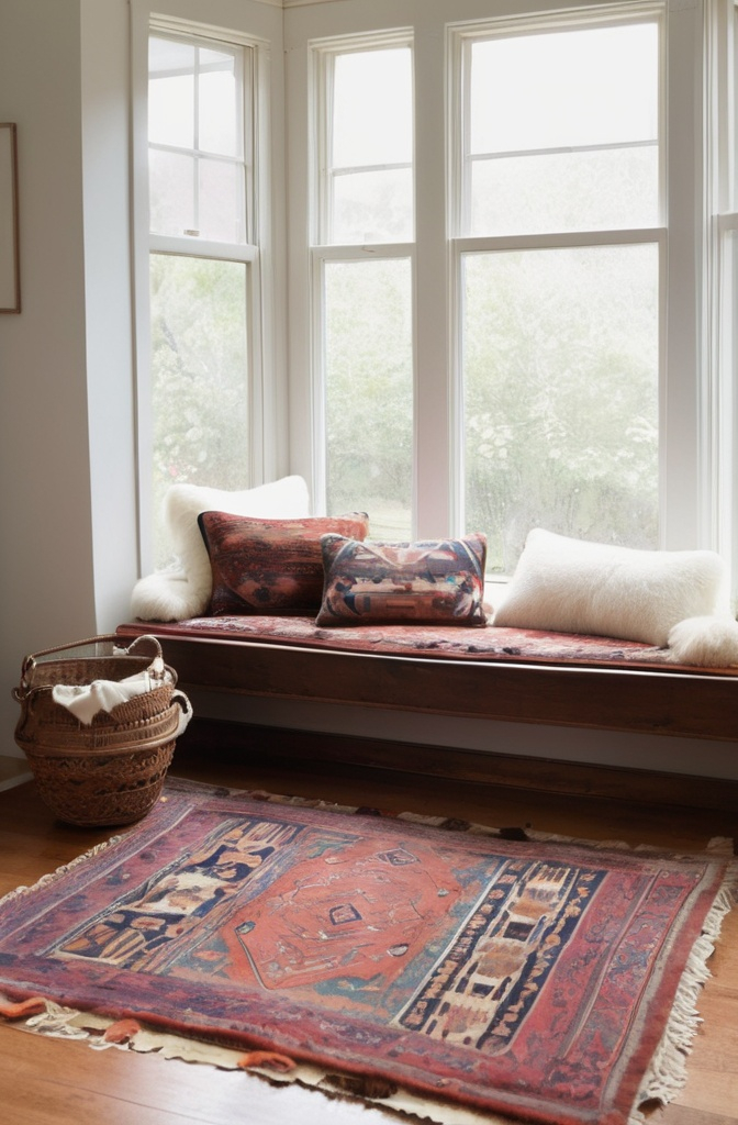 9. Layer rugs under the bench. Overlap them. Let it look accidental.