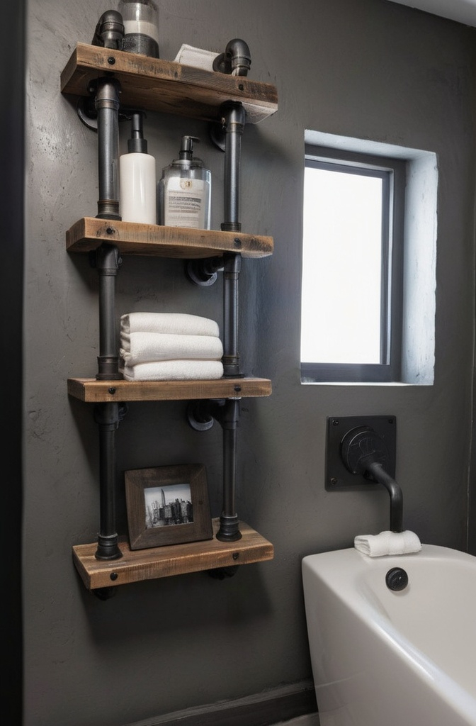 6. Industrial Pipe Shelves for an Edgy Touch
