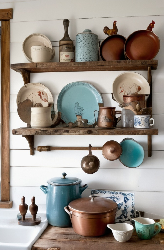 2. Open Shelf with Vintage Finds – Rustic Narrative Style
