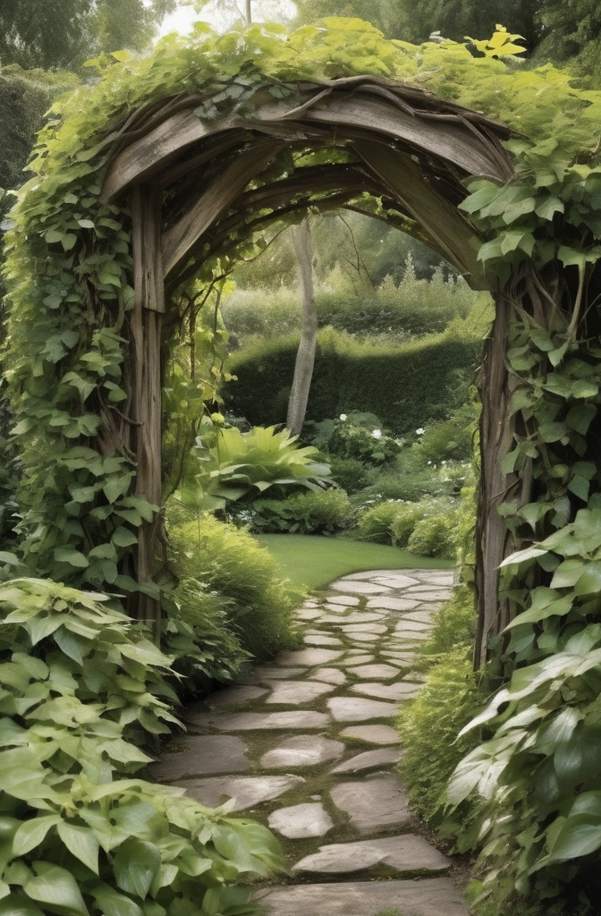 1. Rustic Wooden Arch with Wild Vines