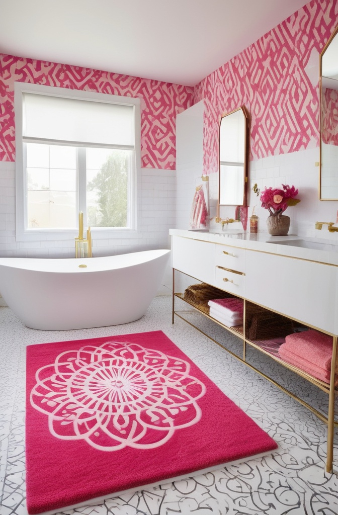 20. Pink Bathroom Rugs with Bold Patterns