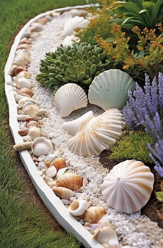16. Seashell Edging – Coastal Charm on Your Flower Bed
