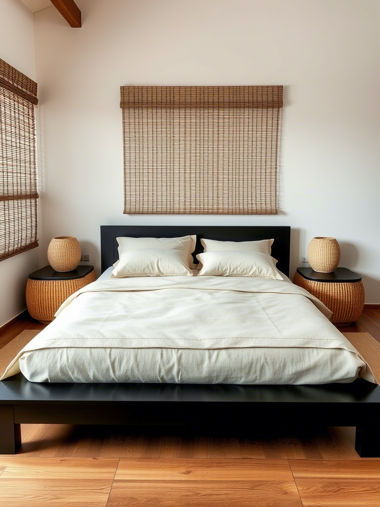 12. Black Tatami Platform Bed with Woven Brown Accents