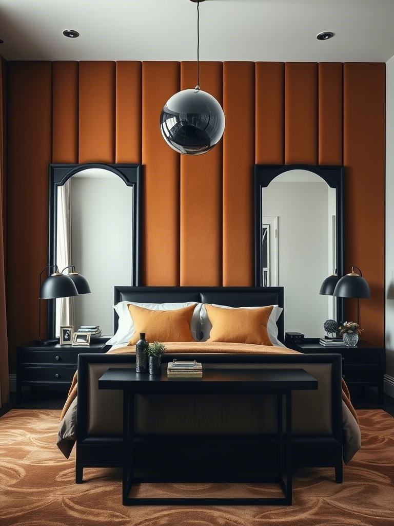 20. Brown Velvet Wall Panels + Black-Framed Mirrors