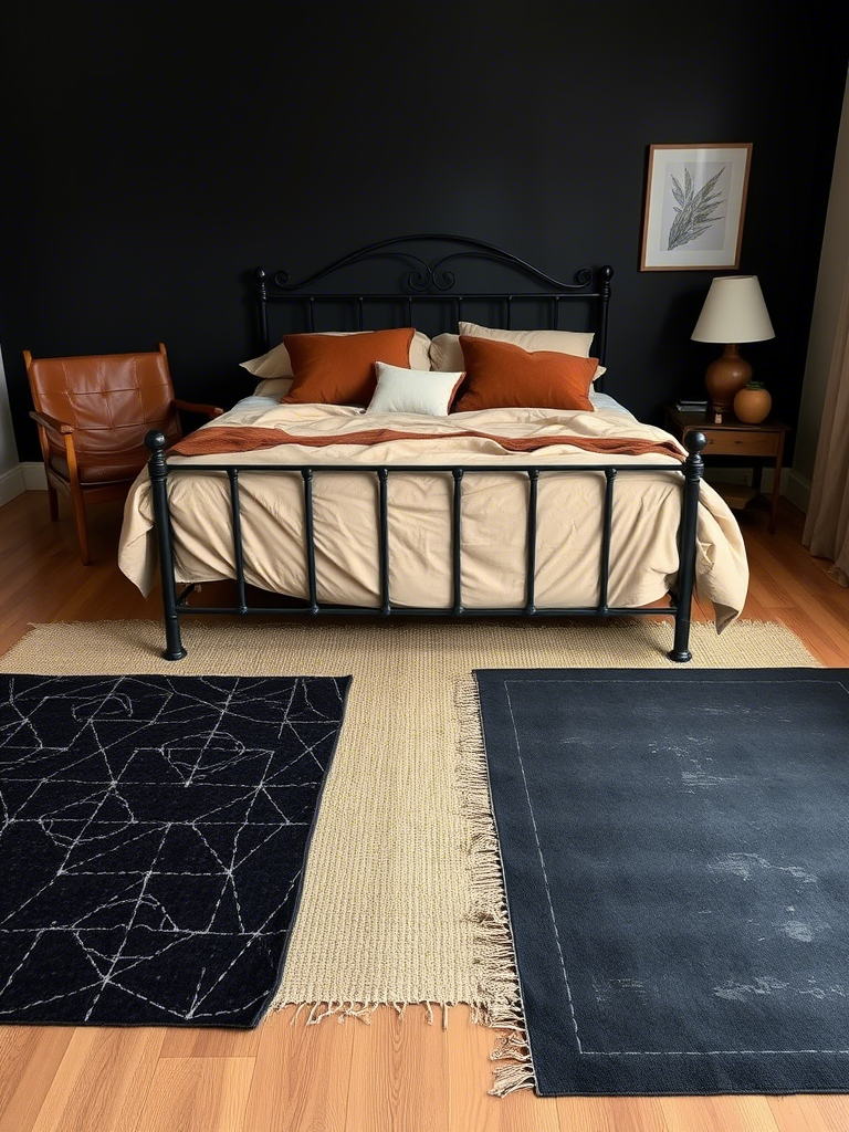 15. Layered Black Rugs Over Brown Hardwood