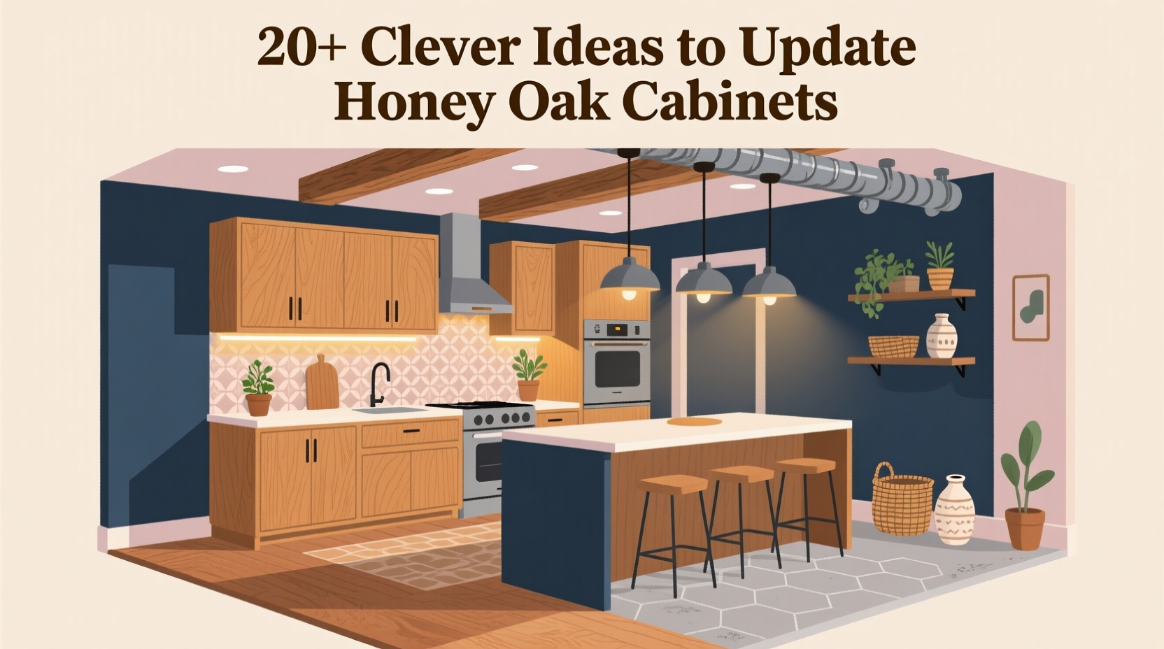20+ Clever Ideas To Update Honey Oak Kitchen Cabinets With Wall, Floor, Ceiling & Decor Ideas
